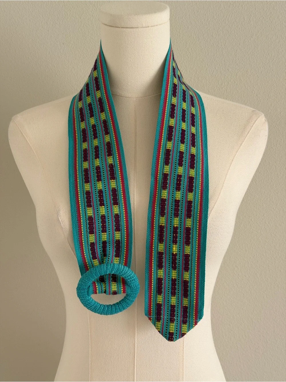 Boho Turquoise Multicolor Woven Wide Waist Belt with Covered Round Buckle ~ S